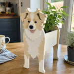 Border Collie dog planter filled with fresh flowers is placed on the table