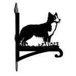 Border collie metal hanging basket bracket mounted on outdoor wall for plant decoration