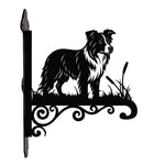 Border collie metal hanging basket bracket mounted on outdoor wall for plant decoration