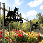 Border collie metal hanging basket bracket mounted on outdoor wall for plant decoration