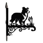 Border collie metal hanging basket bracket mounted on outdoor wall for plant decoration