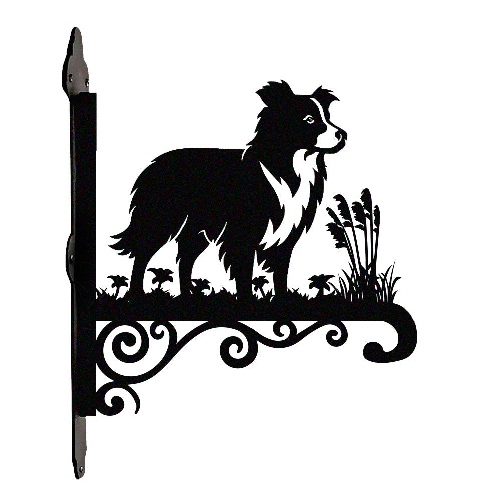 Border collie metal hanging basket bracket mounted on outdoor wall for plant decoration