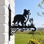 Border collie metal hanging basket bracket mounted on outdoor wall for plant decoration