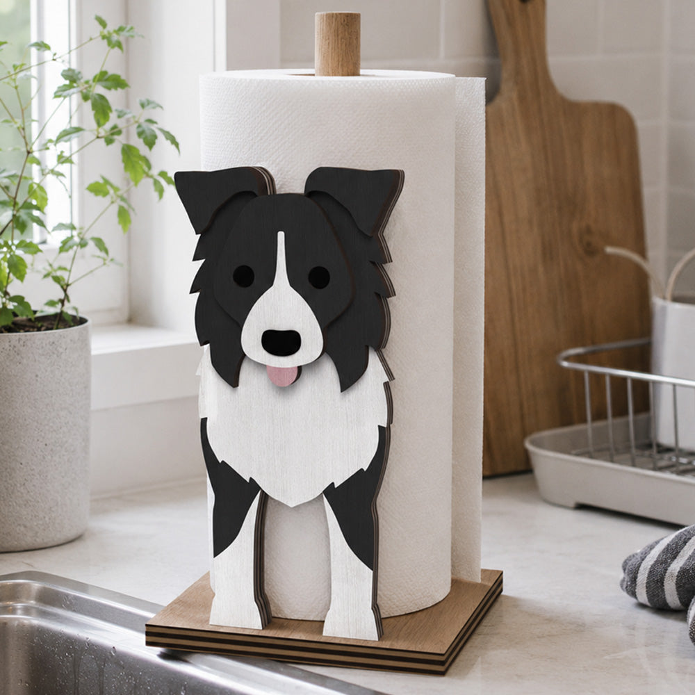 Border Collie Wooden Dog Paper Towel Holder displayed on a kitchen countertop with a freestanding paper towel roll
