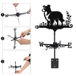 Border Collie metal weather vane with directional arrows and mounting rod, outdoor roof and garden decoration