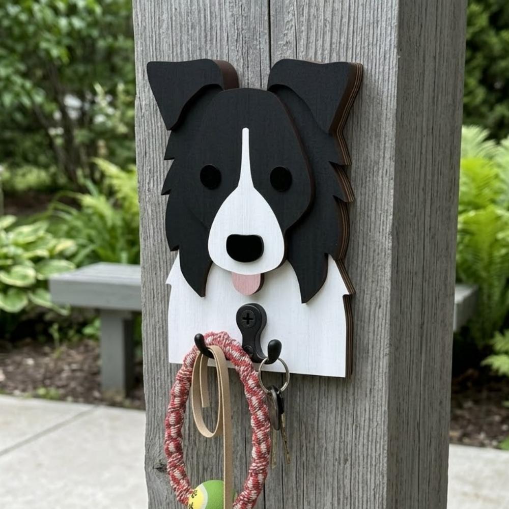 Border Collie wooden dog wall hook key and leash holder for home entryway organizer