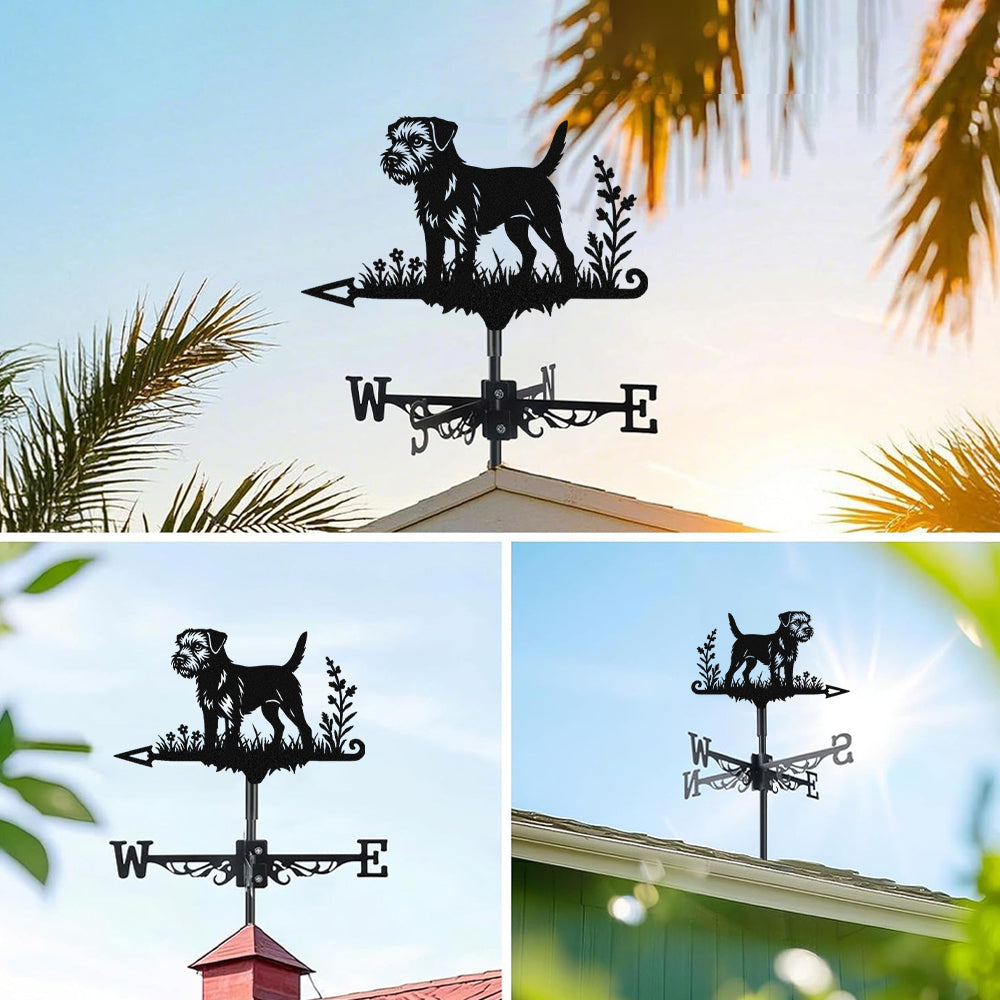 Border Terrier metal weather vane with directional arrows and mounting rod, outdoor roof and garden decoration