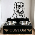 Personalized borzoi dog metal dog bowl stand with custom name cutout and two removable feeding bowls