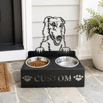 Personalized borzoi dog metal dog bowl stand with custom name cutout and two removable feeding bowls