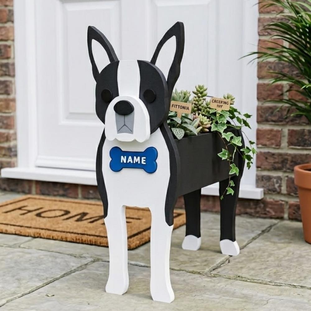Boston Terrier dog planter filled with fresh flowers is placed in the garden