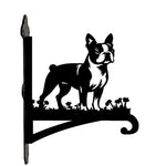 Boston terrier metal hanging basket bracket mounted on outdoor wall for plant decoration