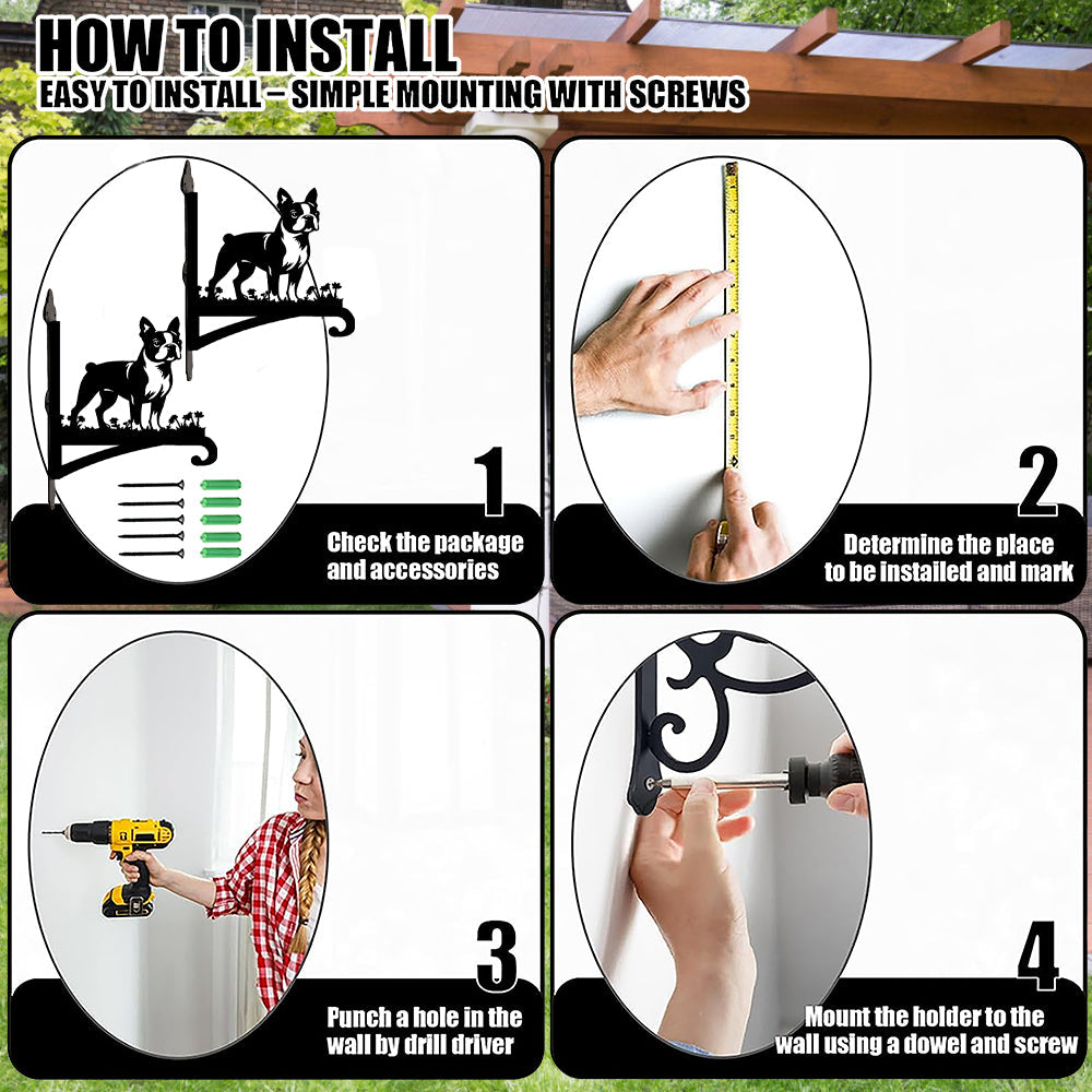 Boston terrier metal hanging basket bracket mounted on outdoor wall for plant decoration