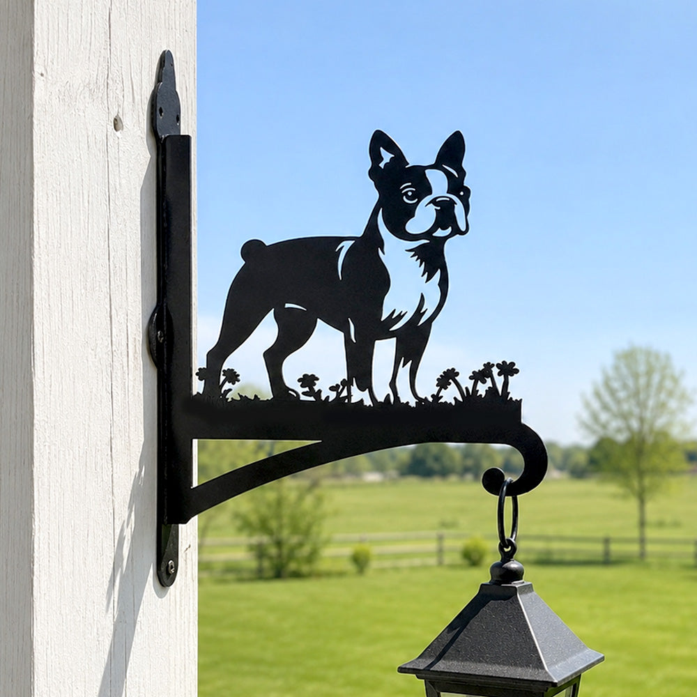 Boston terrier metal hanging basket bracket mounted on outdoor wall for plant decoration