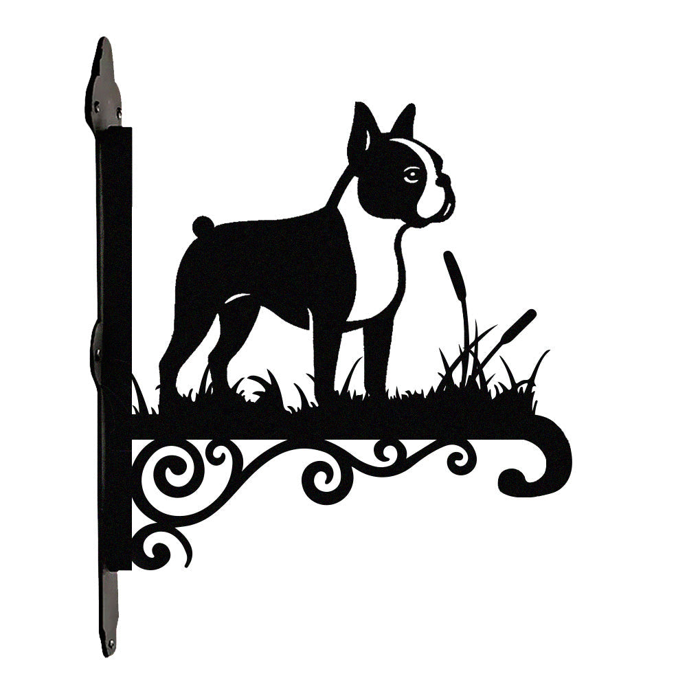 Boston terrier metal hanging basket bracket mounted on outdoor wall for plant decoration