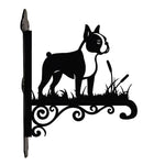 Boston terrier metal hanging basket bracket mounted on outdoor wall for plant decoration