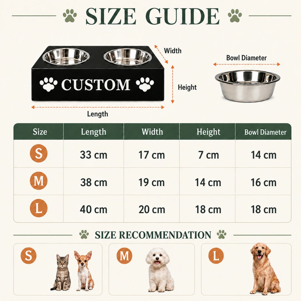 Custom elevated pet bowl stand size guide with S, M and L options