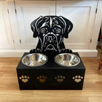 Personalized boxer metal dog bowl stand with custom name cutout and two removable feeding bowls