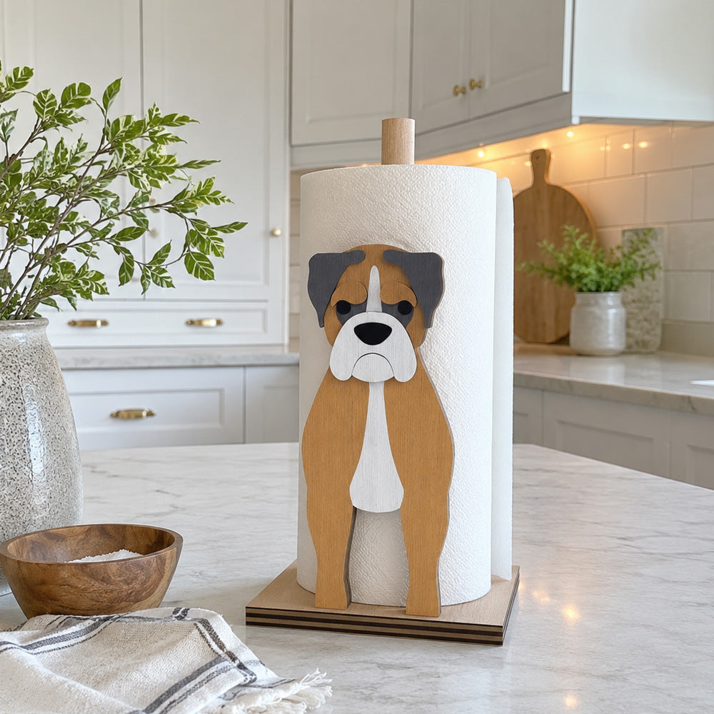Boxer Wooden Dog Paper Towel Holder displayed on a kitchen countertop with a freestanding paper towel roll