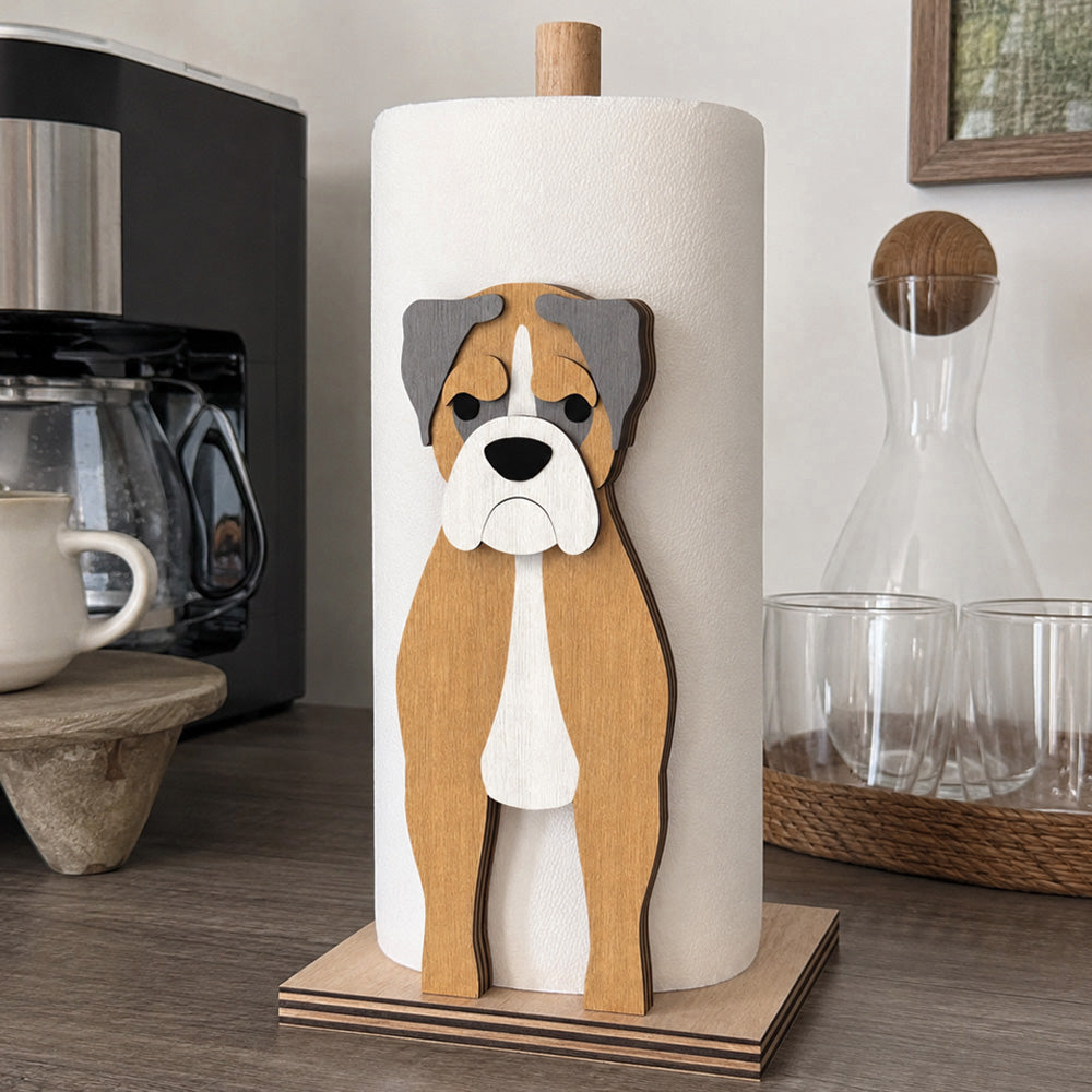 Boxer Wooden Dog Paper Towel Holder displayed on a kitchen countertop with a freestanding paper towel roll