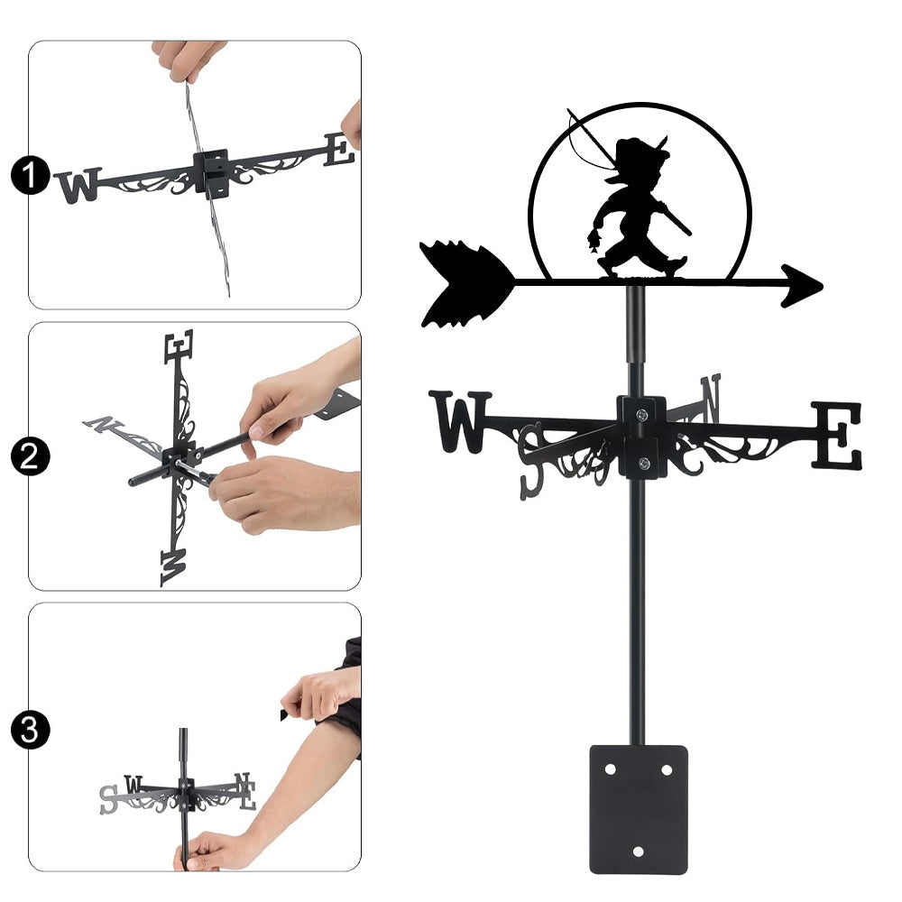 Boy fishing metal weather vane with directional arrows and mounting rod, outdoor roof and garden decoration