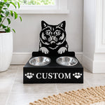Personalized british shorthair cat metal cat bowl stand with custom name cutout and two removable feeding bowls