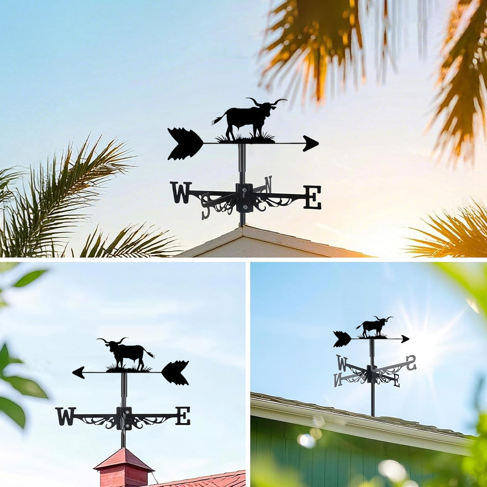 Bull on grass metal weather vane with directional arrows and mounting rod, outdoor roof and garden decoration