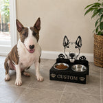 Personalized bull terrier metal dog bowl stand with custom name cutout and two removable feeding bowls