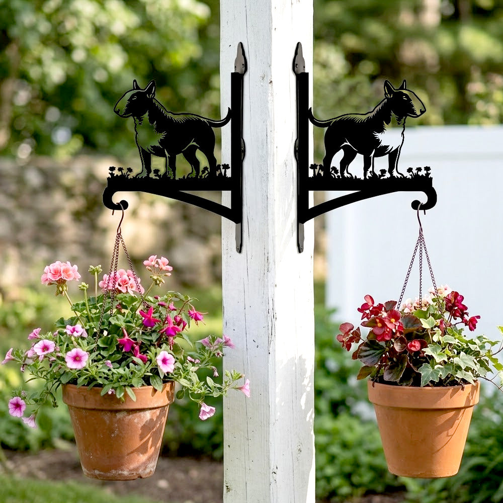 Bull terrier metal hanging basket bracket mounted on outdoor wall for plant decoration