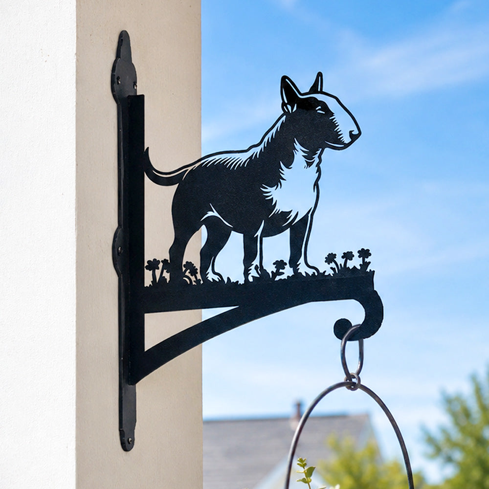 Bull terrier metal hanging basket bracket mounted on outdoor wall for plant decoration