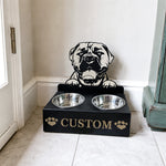 Personalized bullmastiffs metal dog bowl stand with custom name cutout and two removable feeding bowls