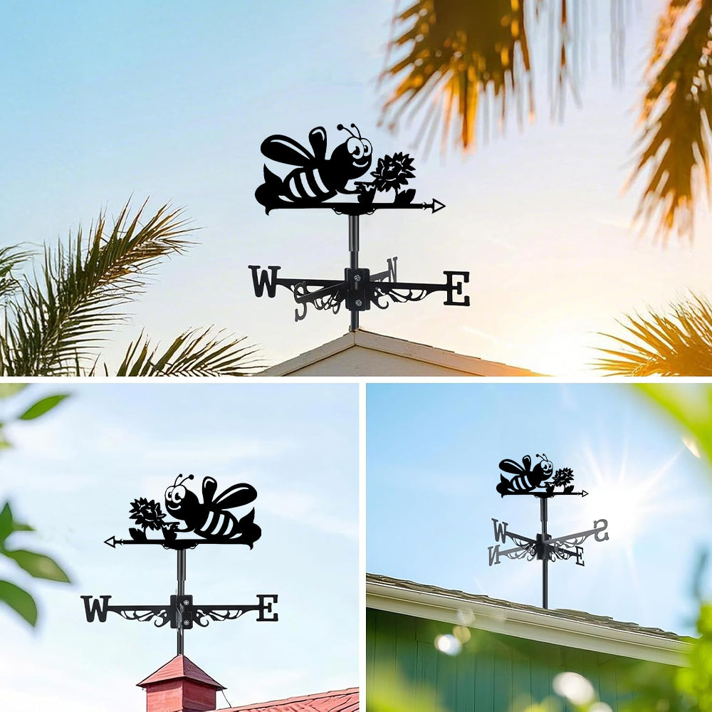 Bumble bee metal weather vane with directional arrows and mounting rod, outdoor roof and garden decoration