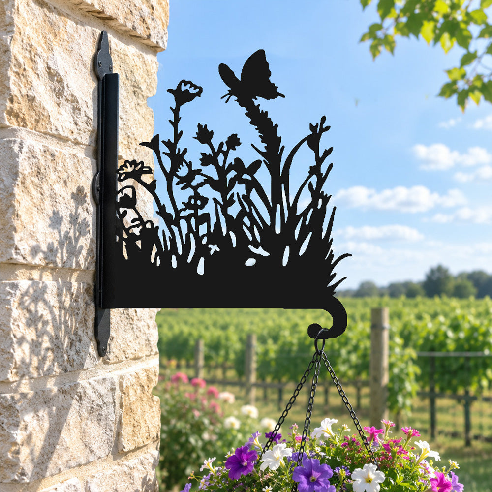 Butterfly and wildflowers meadow metal hanging basket bracket mounted on outdoor wall for plant decoration