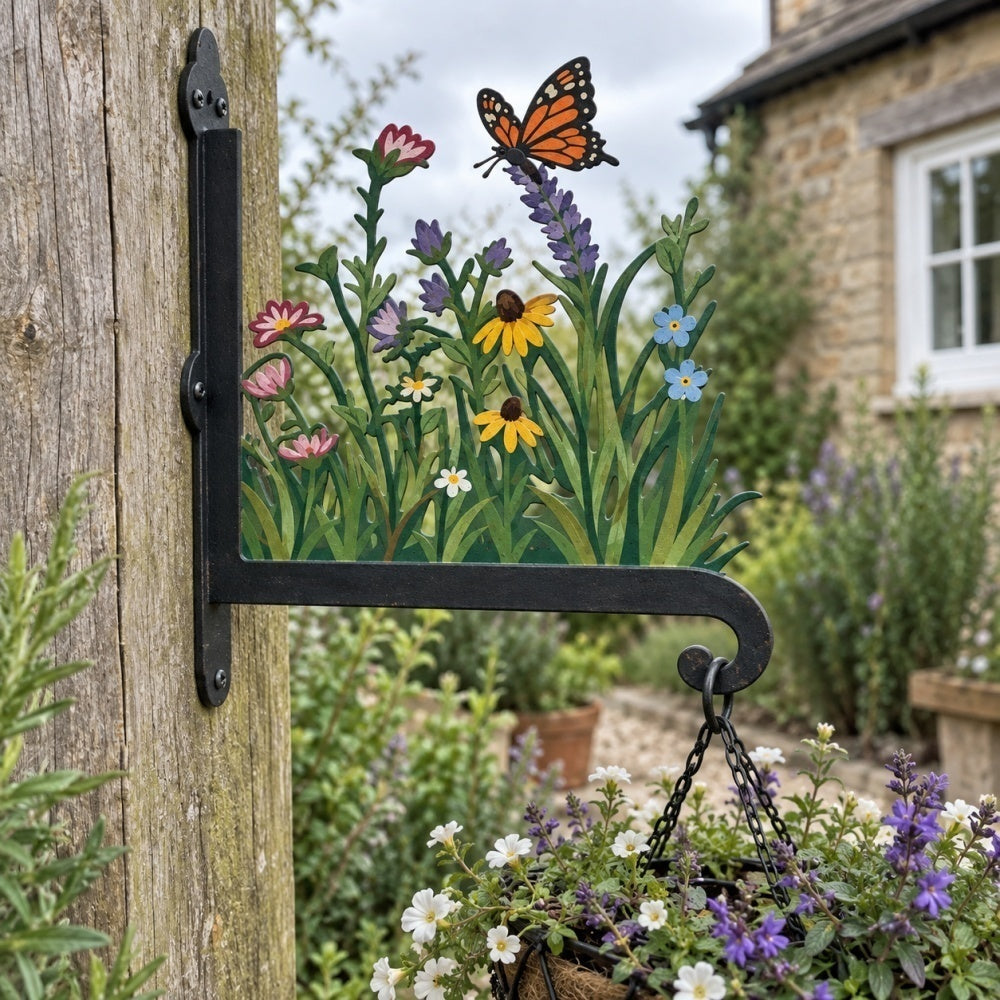 Butterfly and wildflowers meadow metal hanging basket bracket mounted on outdoor wall for plant decoration