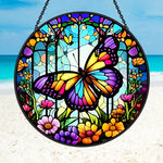 Butterfly garden floral stained glass suncatcher window hanging, suitable for home and garden decoration