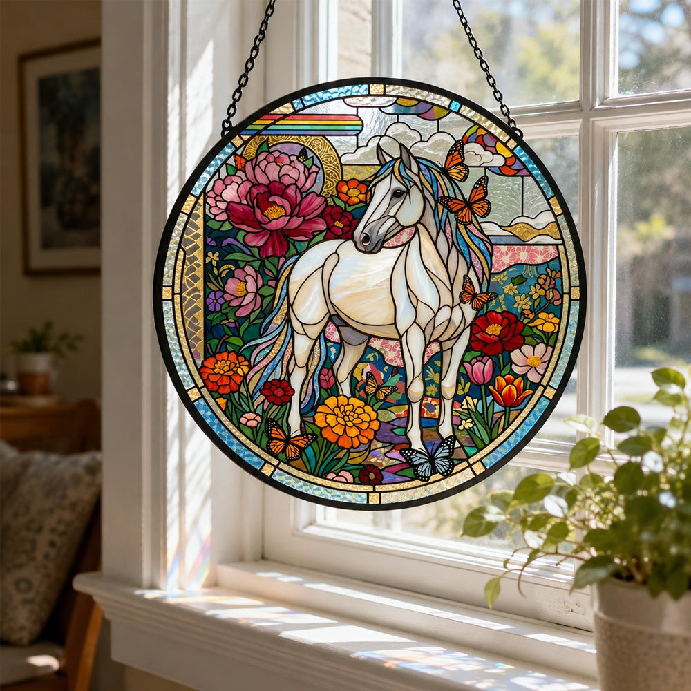 Butterfly horse stained glass suncatcher window hanging, suitable for home and garden decoration