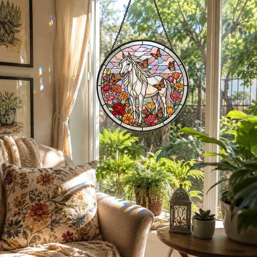 Butterfly white horse stained glass suncatcher window hanging, suitable for home and garden decoration