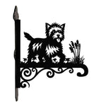 Cairn terrier metal hanging basket bracket mounted on outdoor wall for plant decoration