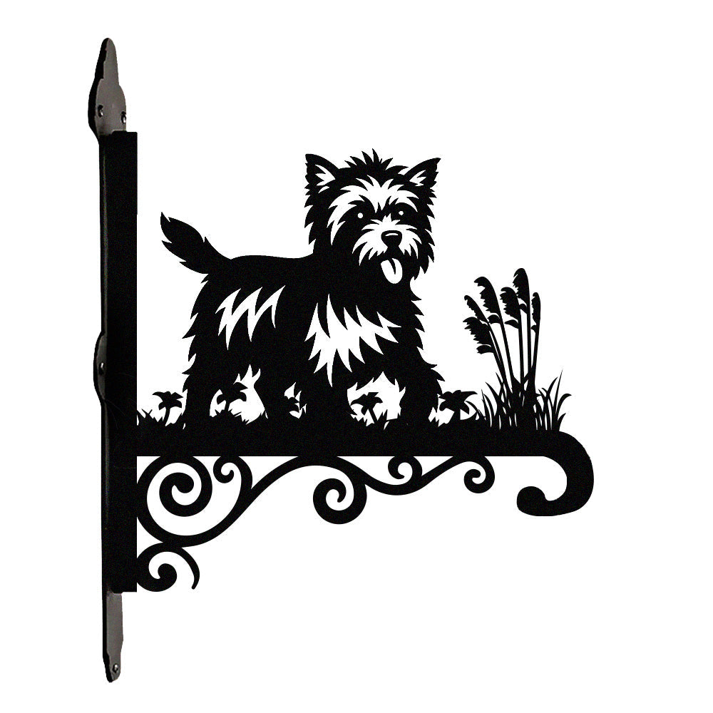 Cairn terrier metal hanging basket bracket mounted on outdoor wall for plant decoration