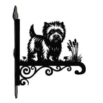 Cairn terrier metal hanging basket bracket mounted on outdoor wall for plant decoration