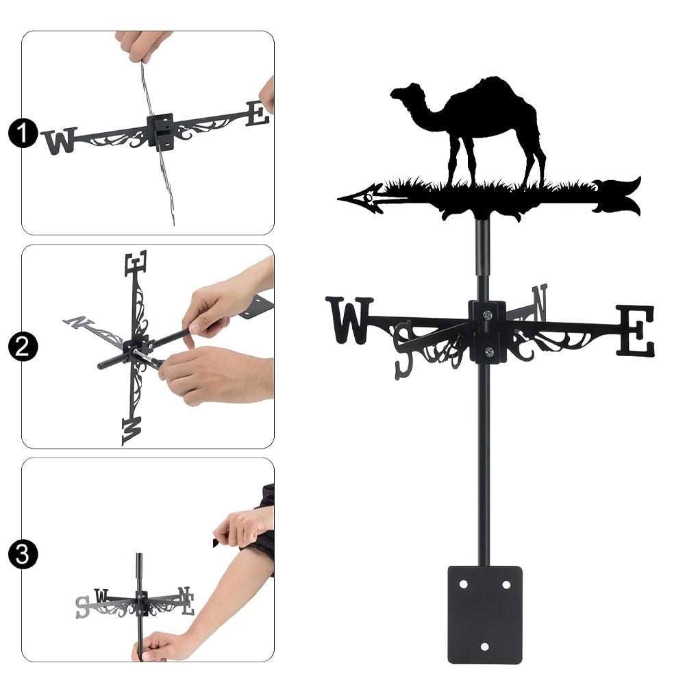 Camel metal weather vane with directional arrows and mounting rod, outdoor roof and garden decoration