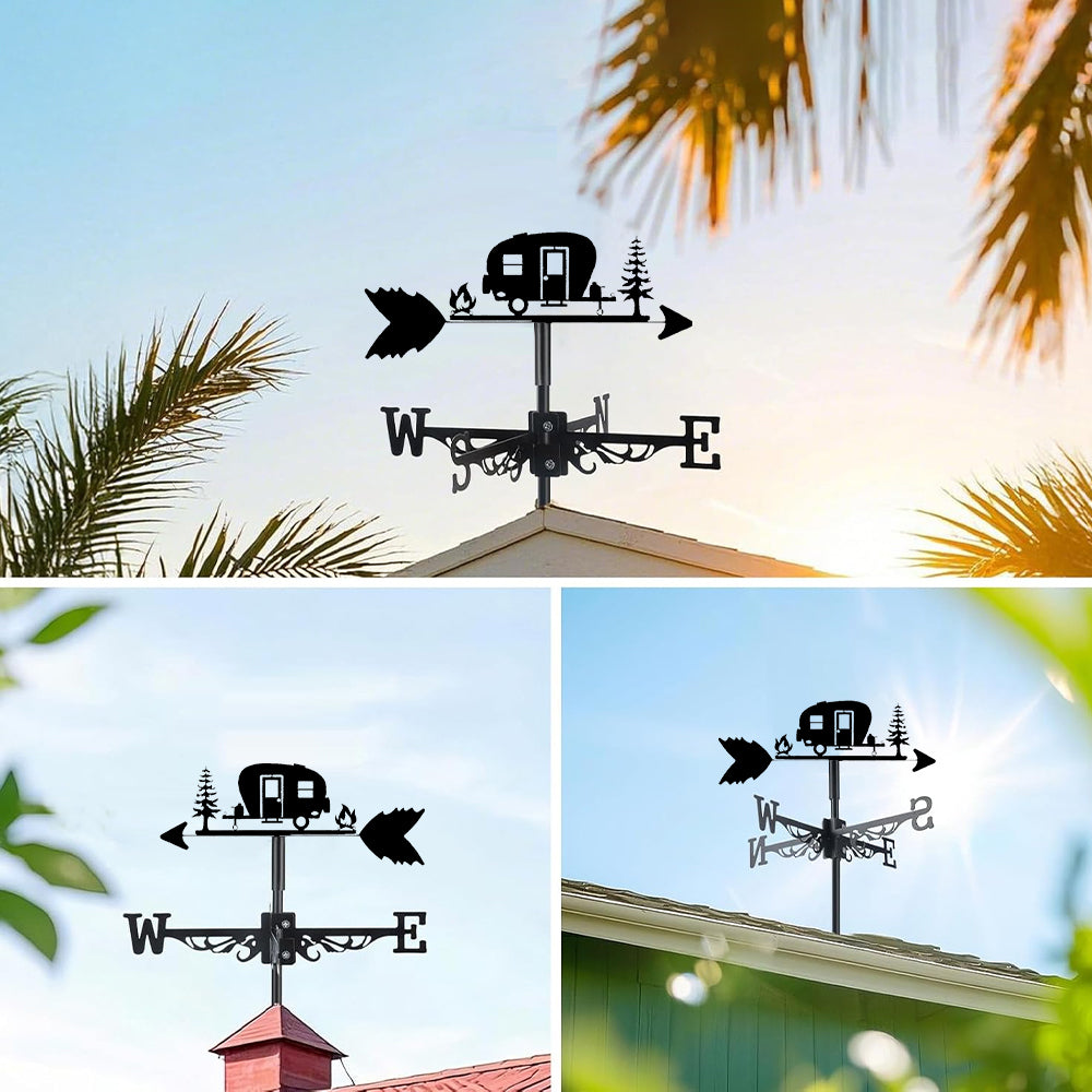Camping trailer metal weather vane with directional arrows and mounting rod, outdoor roof and garden decoration