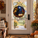 Candlelight Magic Book Black Cat Halloween stained glass suncatcher window hanging, suitable for home and garden decoration