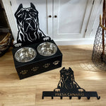 Personalized cane corso metal dog bowl stand with custom name cutout and two removable feeding bowls
