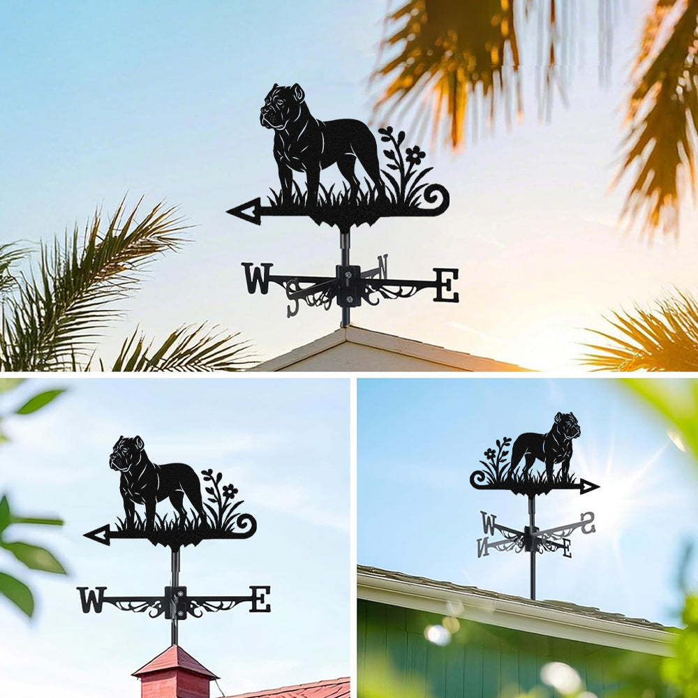 Cane Corso metal weather vane with directional arrows and mounting rod, outdoor roof and garden decoration
