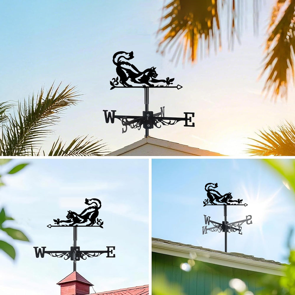 Cat and bird metal weather vane with directional arrows and mounting rod, outdoor roof and garden decoration