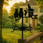 Cat family on chimney metal weather vane with directional arrows and mounting rod, outdoor roof and garden decoration