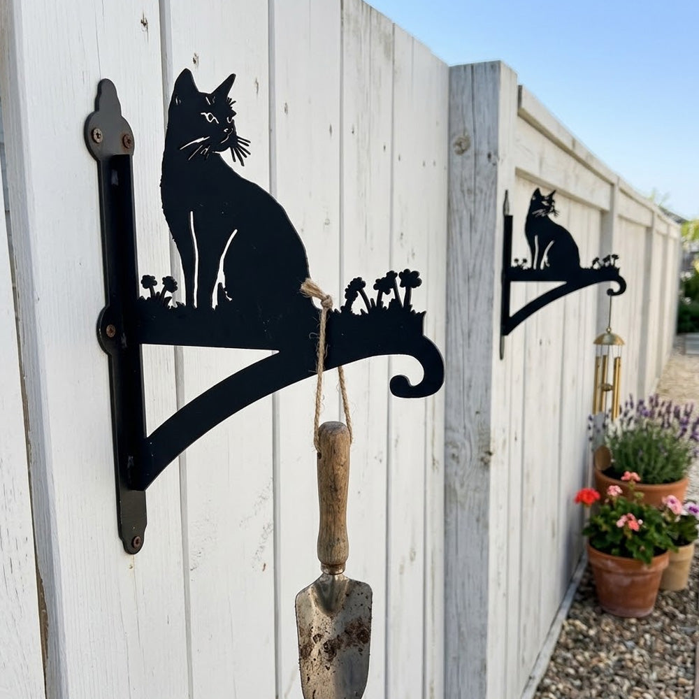 Cat silhouette metal hanging basket bracket mounted on outdoor wall for plant decoration