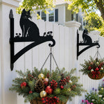 Cat silhouette metal hanging basket bracket mounted on outdoor wall for plant decoration