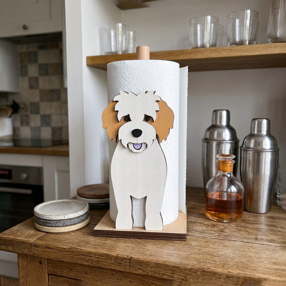 Cavachon Wooden Dog Paper Towel Holder displayed on a kitchen countertop with a freestanding paper towel roll