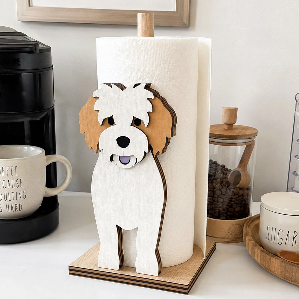 Cavachon Wooden Dog Paper Towel Holder displayed on a kitchen countertop with a freestanding paper towel roll